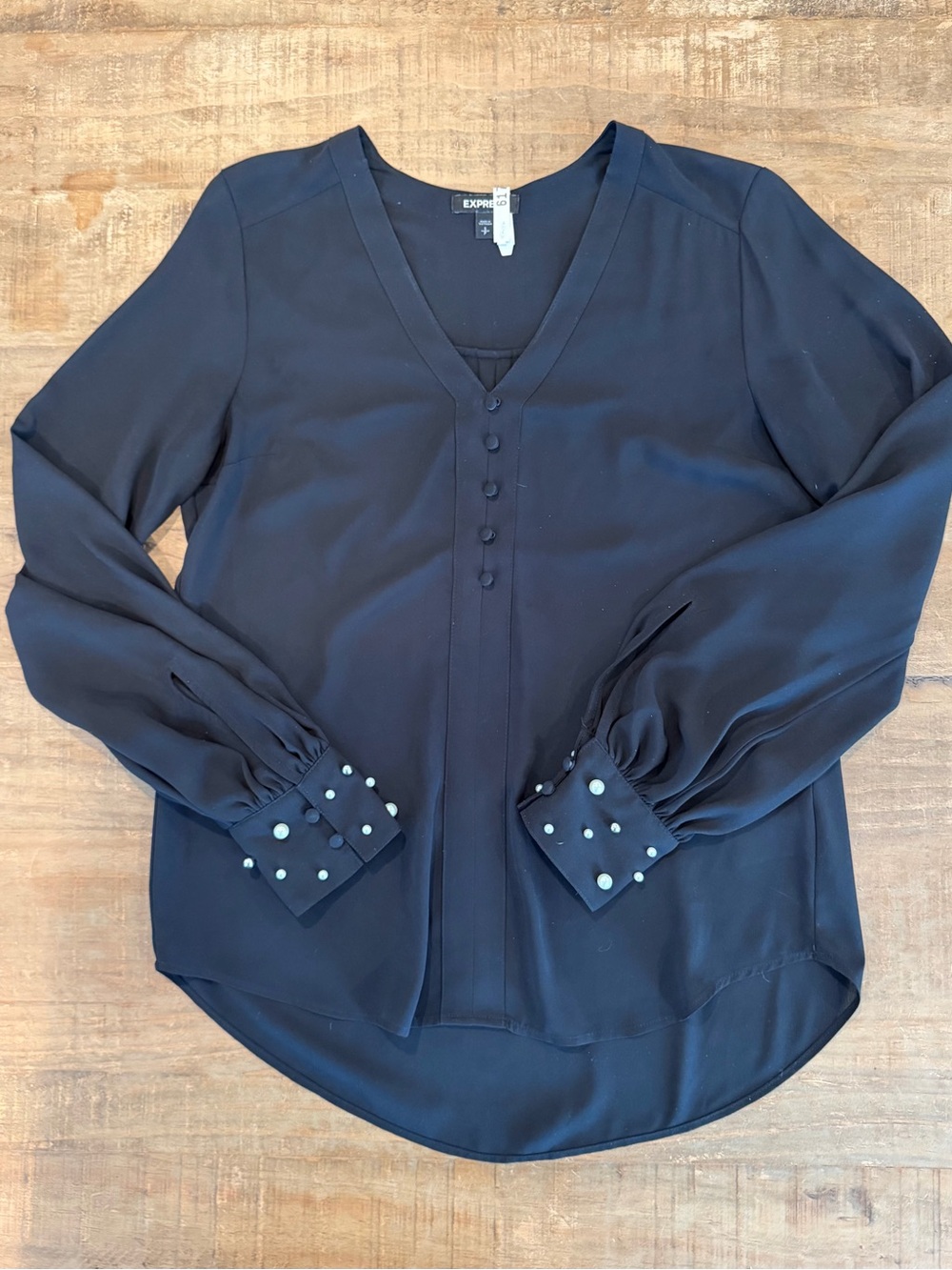 Express V-Neck Button Front Blouse with Pearl Embellished Cuffs